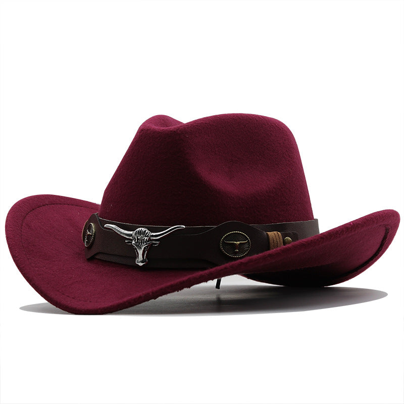 Beaira Western Cowboy Hat 4 Sizes Black Woolen Jazz Top Hat Men Ethnic Style Cow Head Ribbon Felt Cap Women Children Riding Fedora Hat