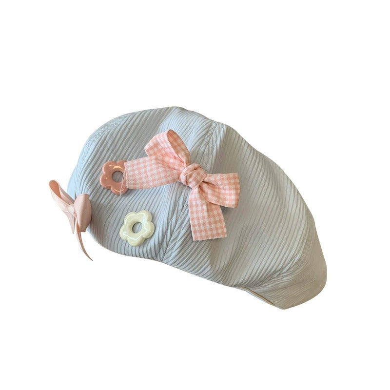Beaira Women's Beret With Bow Flower - Japanese Cute Versatile Painter Hat, Slimming For Large Head, Dopamine Fashion Cap Gift For Her