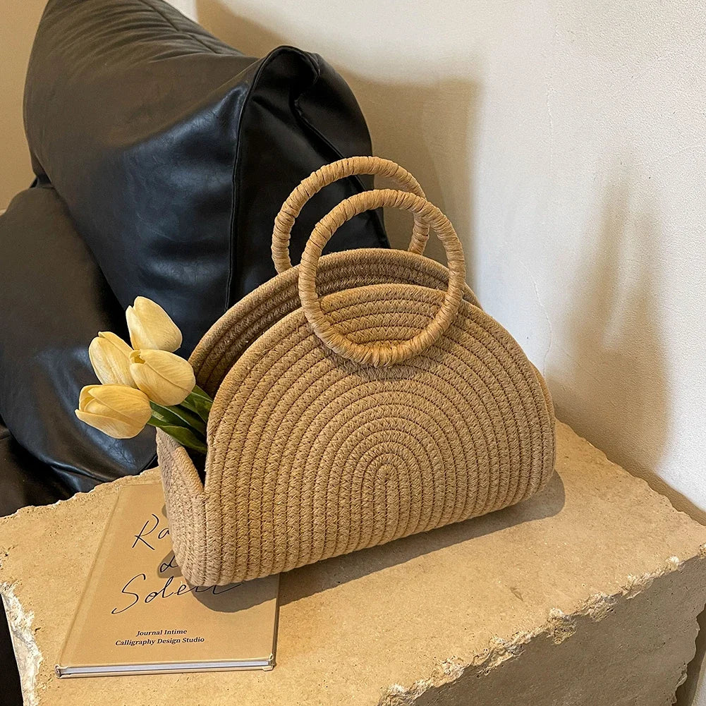 Beaira Handwoven Top Handle Bag Retro Cotton Rope Shoulder Purse Holiday Travel Handbag Vacation Bag for Women and Girls