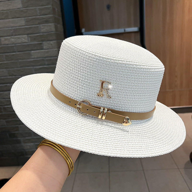 Beaira Summer Flat Top Straw Hats for Women New Metal R Letter Fashion Beach Sunshade Visors Sun Hat Females Travel Holidays Boater Hat