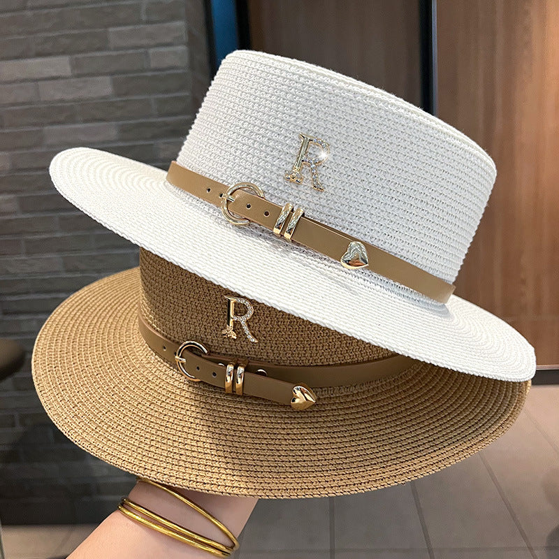 Beaira Summer Flat Top Straw Hats for Women New Metal R Letter Fashion Beach Sunshade Visors Sun Hat Females Travel Holidays Boater Hat