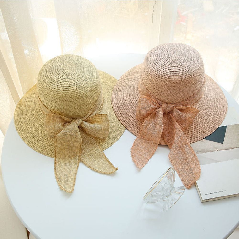 Beaira New Summer Women Sun Hat Casual Fashion Bowtie Fisherman Hat Straw Hat with Bow Ribbon Travel Beach Hat