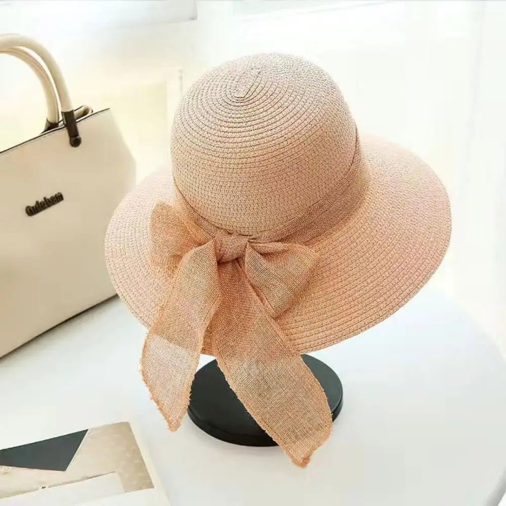 Beaira New Summer Women Sun Hat Casual Fashion Bowtie Fisherman Hat Straw Hat with Bow Ribbon Travel Beach Hat