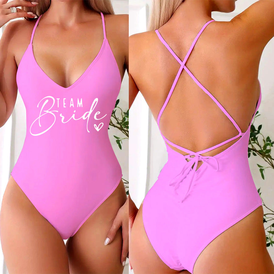 Beaira Pink Gold Print One Piece Swimsuit Team Bride Love Sexy Bathing Suit Padded Swimwear Women Bikini Bachelor Party Swim Beachwear