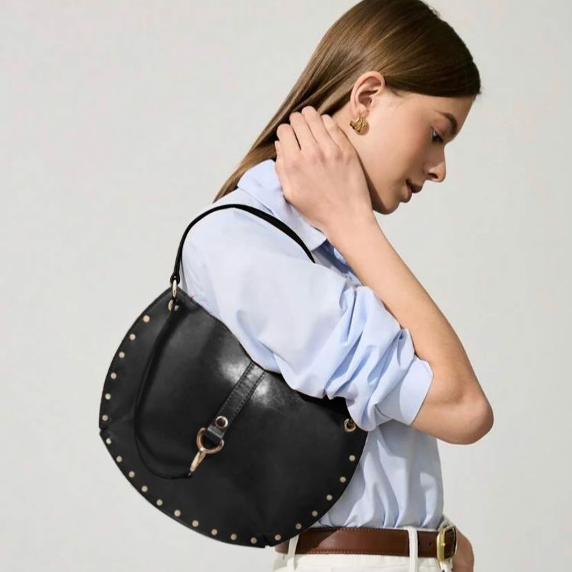 Beaira Women's Studded Crescent Saddle Bag, Versatile For Shoulder & Crossbody Wear, Punk Style, Fashion Design Suitable For Daily Use