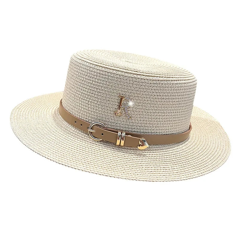 Beaira Summer Flat Top Straw Hats for Women New Metal R Letter Fashion Beach Sunshade Visors Sun Hat Females Travel Holidays Boater Hat