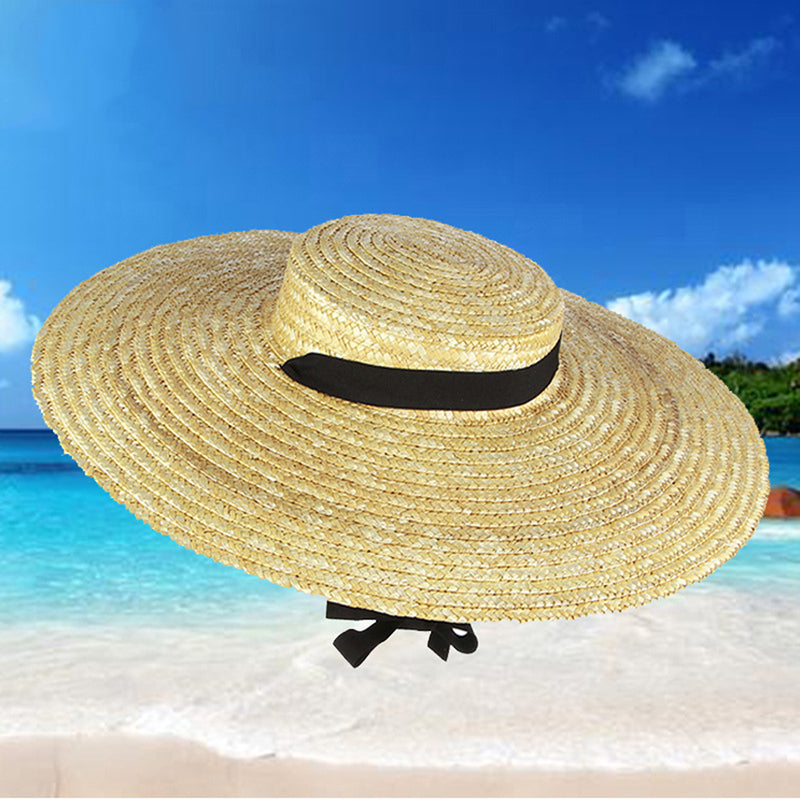 Beaira Wide Brim Straw Hat For Women Long Ribbon Ladies Beach Hat Summer Sun Visor Cap Flat Top Large Brim Tie Straw Straw Hat