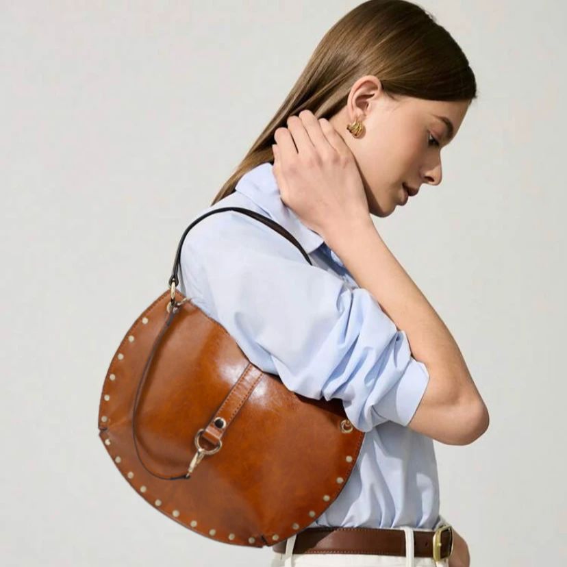 Beaira Women's Studded Crescent Saddle Bag, Versatile For Shoulder & Crossbody Wear, Punk Style, Fashion Design Suitable For Daily Use