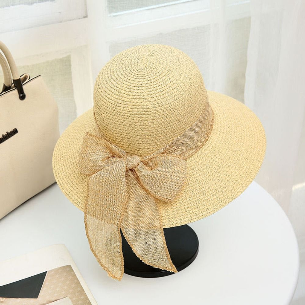 Beaira New Summer Women Sun Hat Casual Fashion Bowtie Fisherman Hat Straw Hat with Bow Ribbon Travel Beach Hat