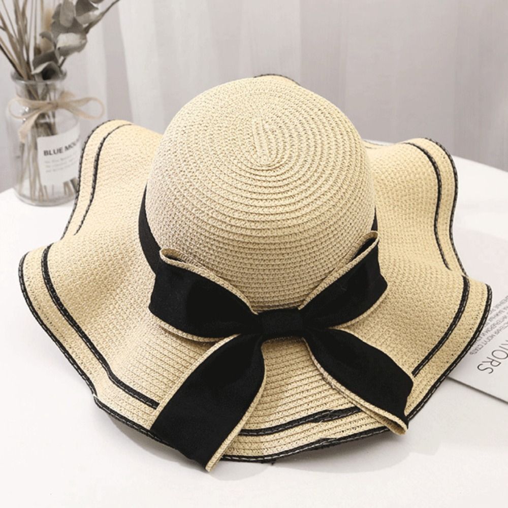 Beaira New Summer Women Sun Hat Casual Fashion Bowtie Fisherman Hat Straw Hat with Bow Ribbon Travel Beach Hat