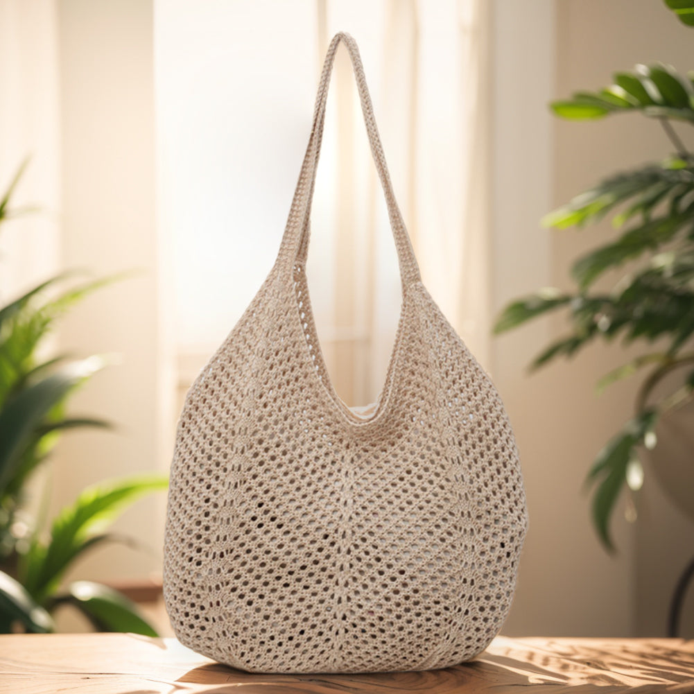 Beaira Women Hollow Summer Bag Solid Color Aesthetic Hobo Bag Large Capacity Knitted Tote Handbag Ladies Daily Handbag