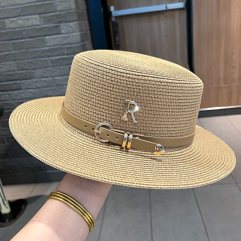 Beaira Summer Flat Top Straw Hats for Women New Metal R Letter Fashion Beach Sunshade Visors Sun Hat Females Travel Holidays Boater Hat