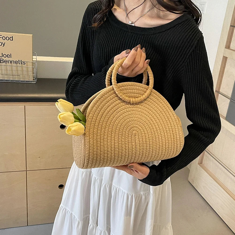 Beaira Handwoven Top Handle Bag Retro Cotton Rope Shoulder Purse Holiday Travel Handbag Vacation Bag for Women and Girls