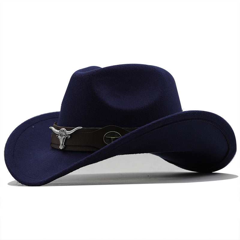 Beaira Western Cowboy Hat 4 Sizes Black Woolen Jazz Top Hat Men Ethnic Style Cow Head Ribbon Felt Cap Women Children Riding Fedora Hat