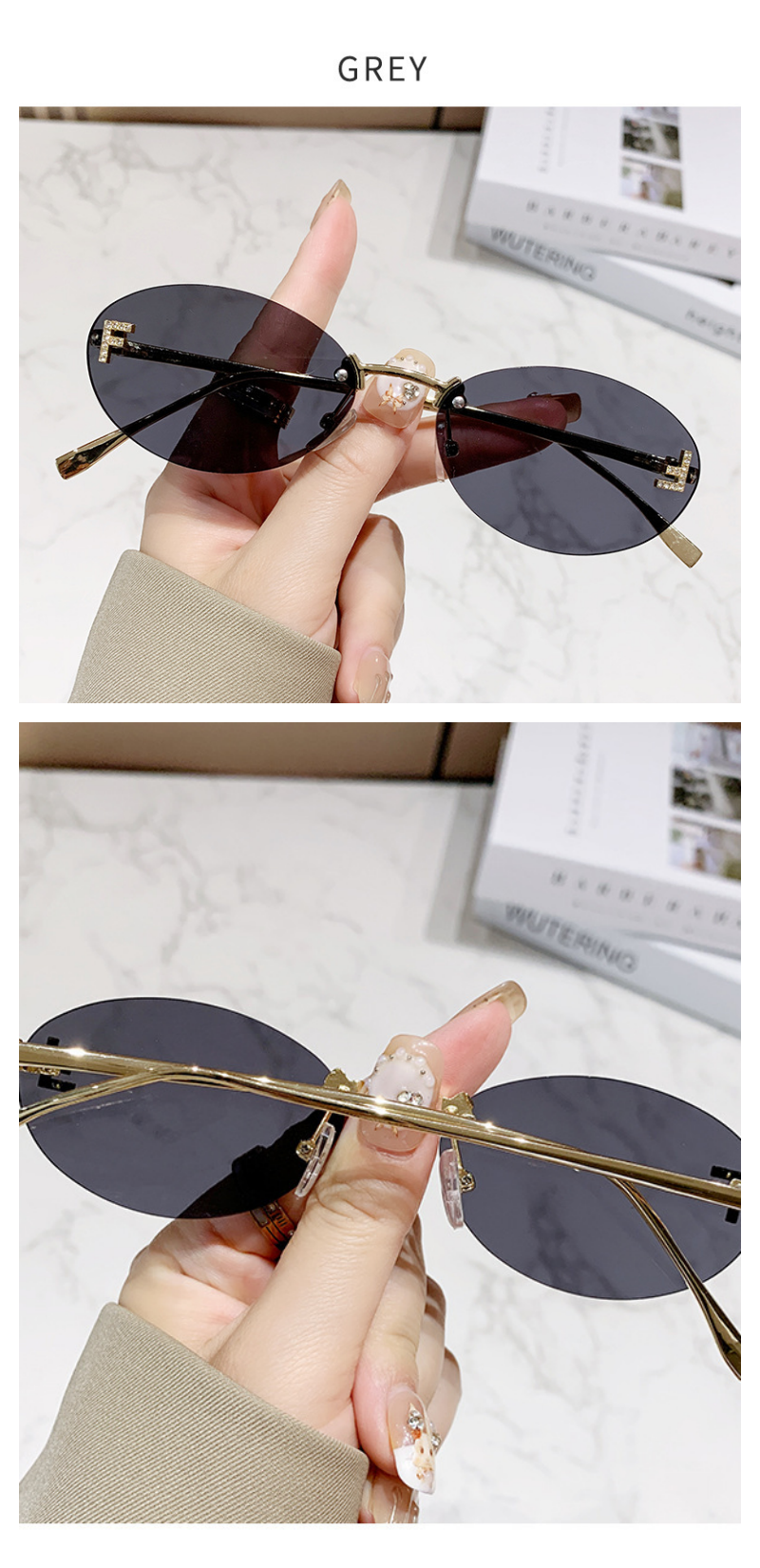 Beaira Fashion Retro Oval Rimless Sunglasses for Women Elegant Diamond Oval Sunglasses Male Letter "F" Rimless Sunglasses Female