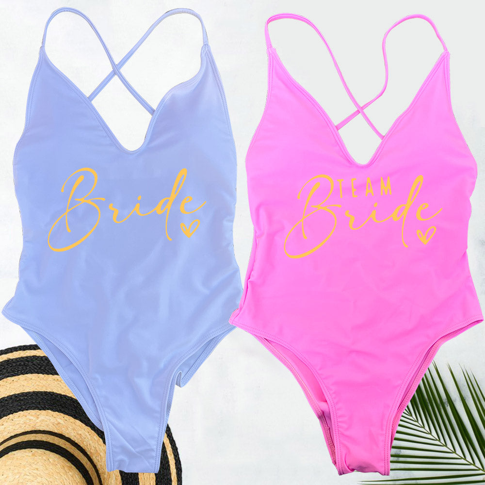 Beaira Pink Gold Print One Piece Swimsuit Team Bride Love Sexy Bathing Suit Padded Swimwear Women Bikini Bachelor Party Swim Beachwear