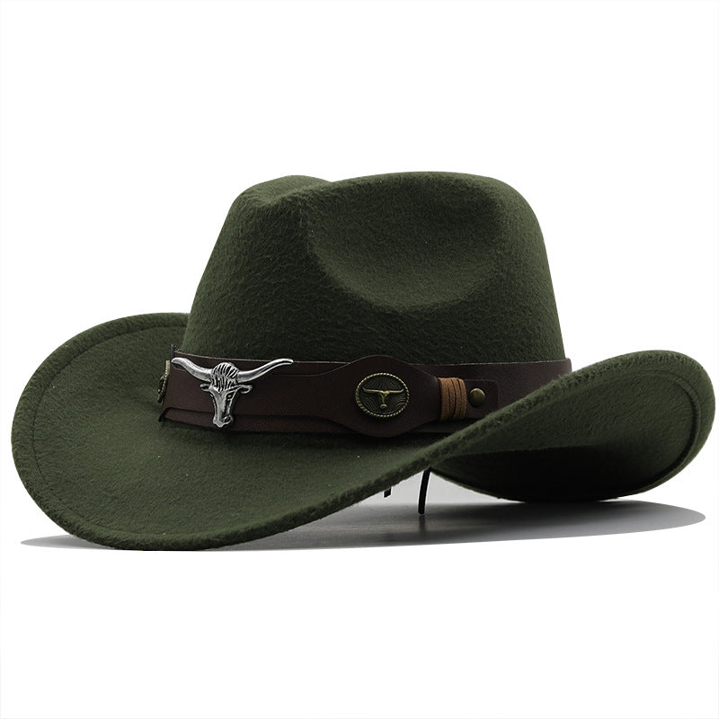 Beaira Western Cowboy Hat 4 Sizes Black Woolen Jazz Top Hat Men Ethnic Style Cow Head Ribbon Felt Cap Women Children Riding Fedora Hat