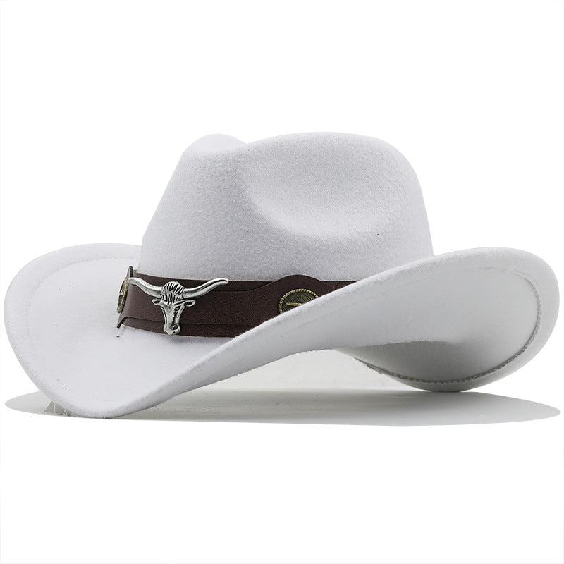 Beaira Western Cowboy Hat 4 Sizes Black Woolen Jazz Top Hat Men Ethnic Style Cow Head Ribbon Felt Cap Women Children Riding Fedora Hat