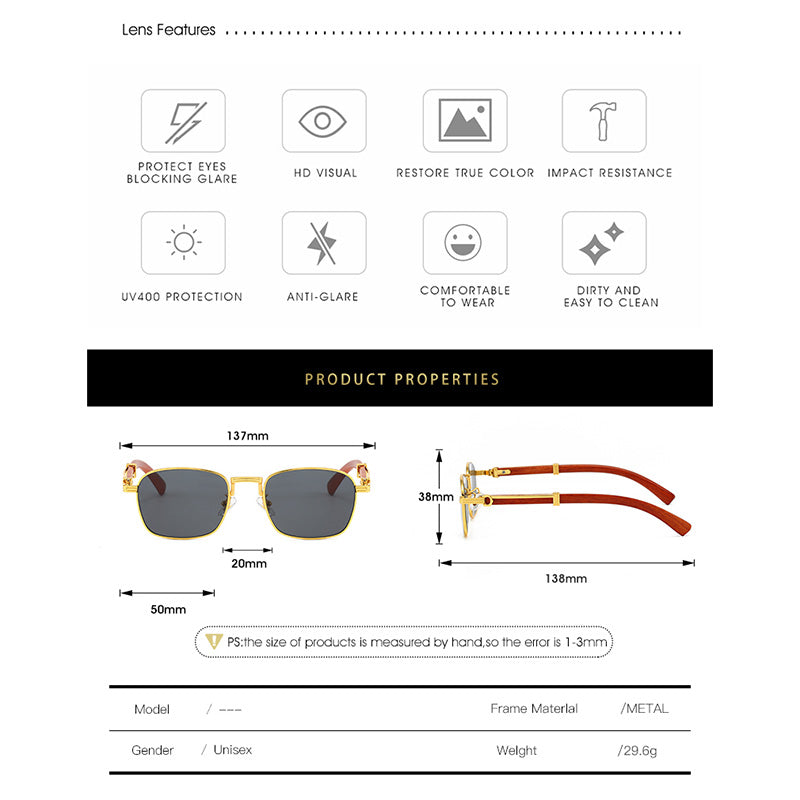 Beaira New Square Retro Sunglasses Man Wooden Metal Frame Women Sun Glasses Business Outdoor Eyewear Gift Summer Style