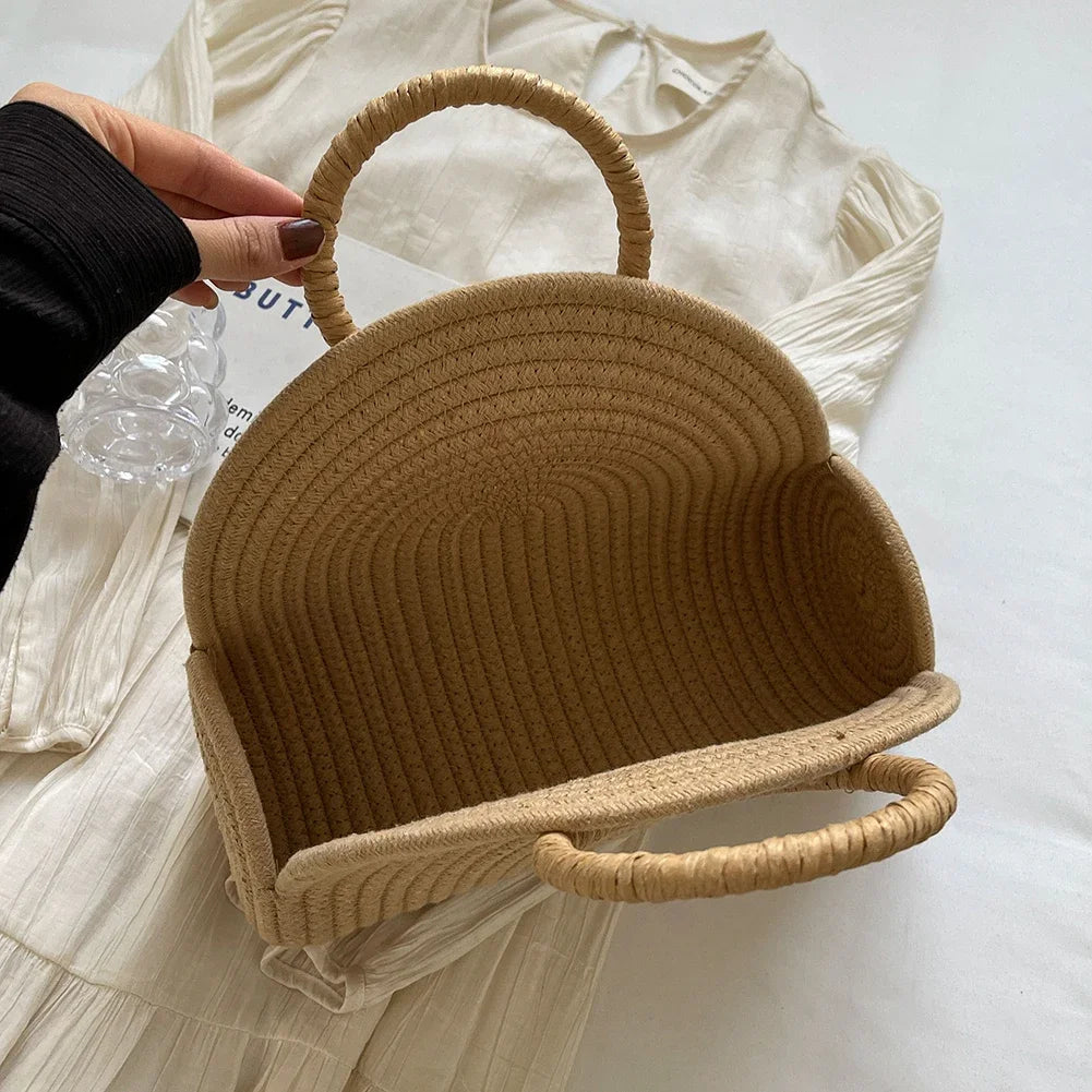 Beaira Handwoven Top Handle Bag Retro Cotton Rope Shoulder Purse Holiday Travel Handbag Vacation Bag for Women and Girls