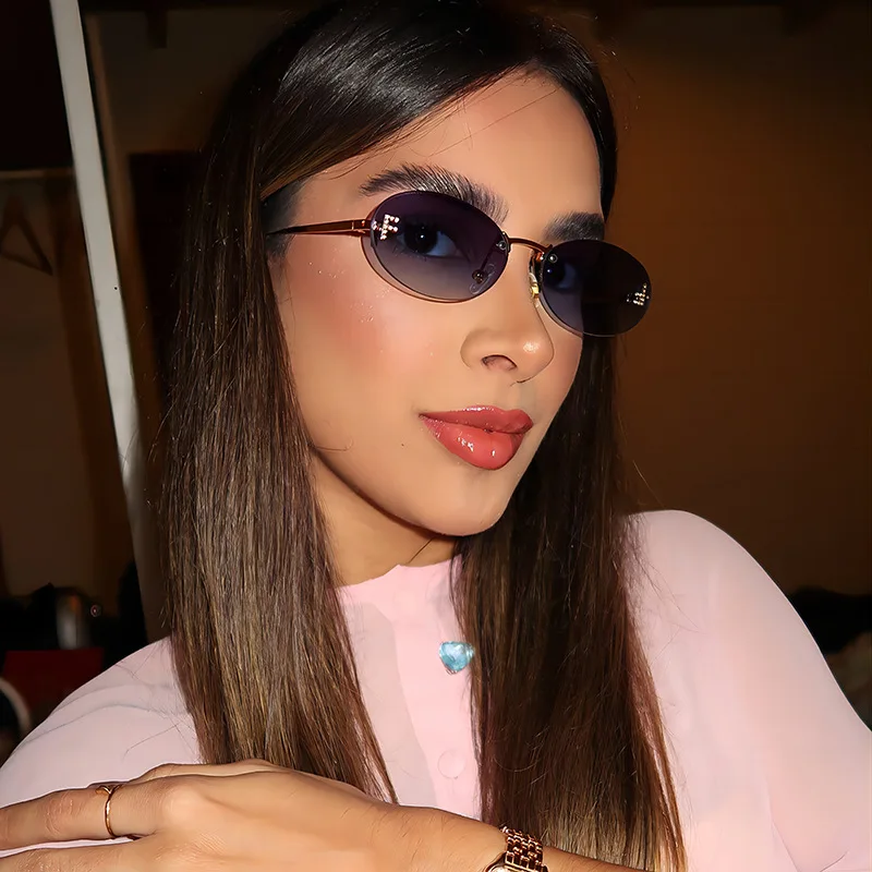 Beaira Fashion Retro Oval Rimless Sunglasses for Women Elegant Diamond Oval Sunglasses Male Letter "F" Rimless Sunglasses Female