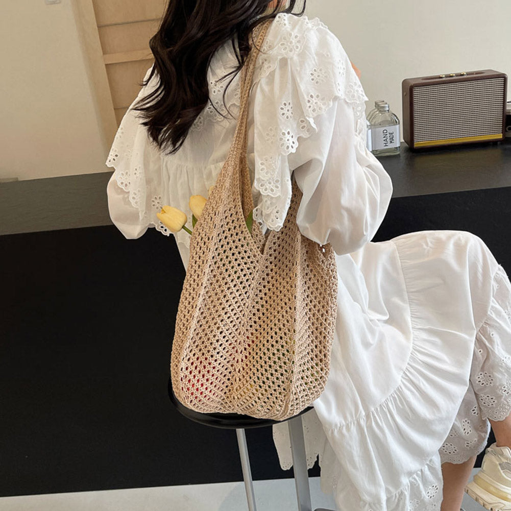 Beaira Women Hollow Summer Bag Solid Color Aesthetic Hobo Bag Large Capacity Knitted Tote Handbag Ladies Daily Handbag