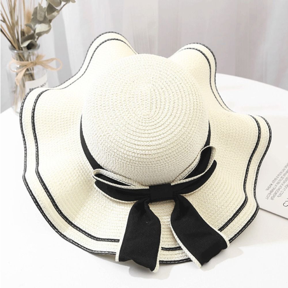 Beaira New Summer Women Sun Hat Casual Fashion Bowtie Fisherman Hat Straw Hat with Bow Ribbon Travel Beach Hat