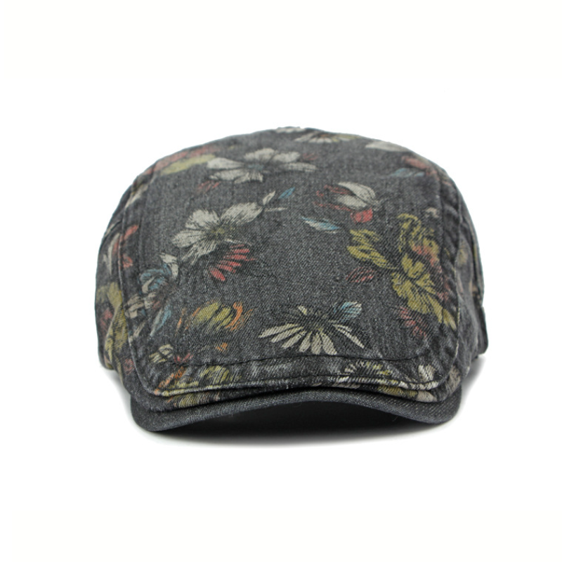 Beaira Ethnic Style Hat for Women Korean Style Fashion Washed Denim Beret British Retro Flower Peaked Cap Forward Hat for Men