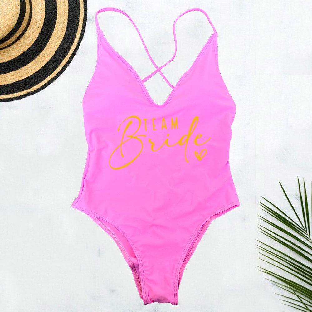 Beaira Pink Gold Print One Piece Swimsuit Team Bride Love Sexy Bathing Suit Padded Swimwear Women Bikini Bachelor Party Swim Beachwear