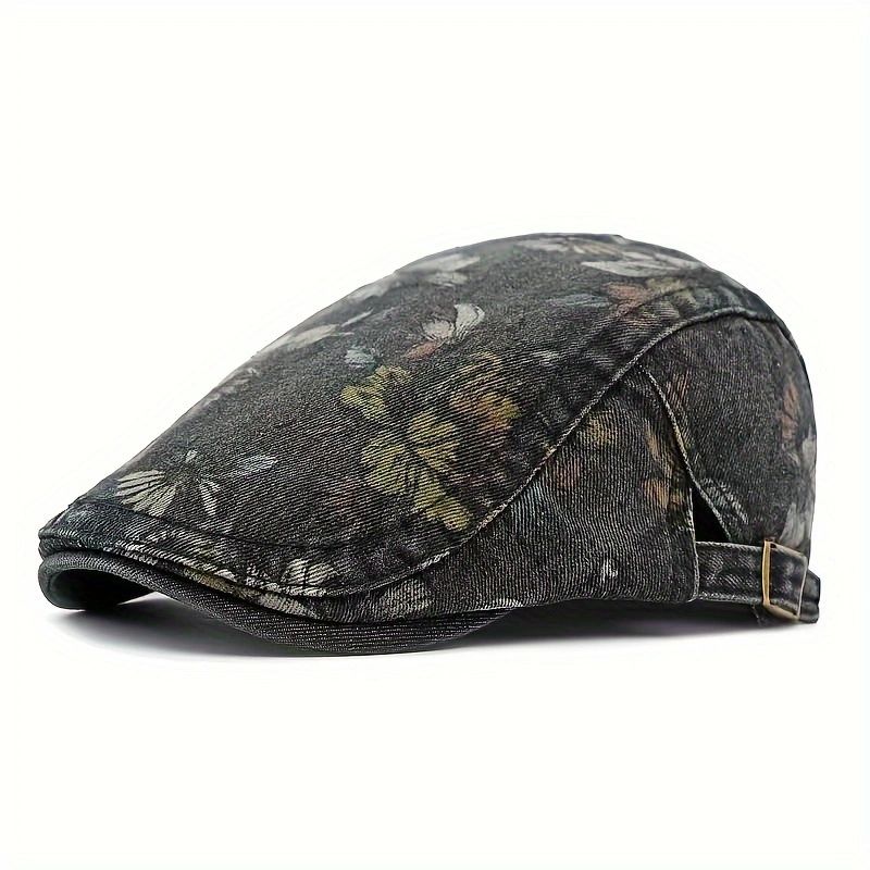 Beaira Ethnic Style Hat for Women Korean Style Fashion Washed Denim Beret British Retro Flower Peaked Cap Forward Hat for Men