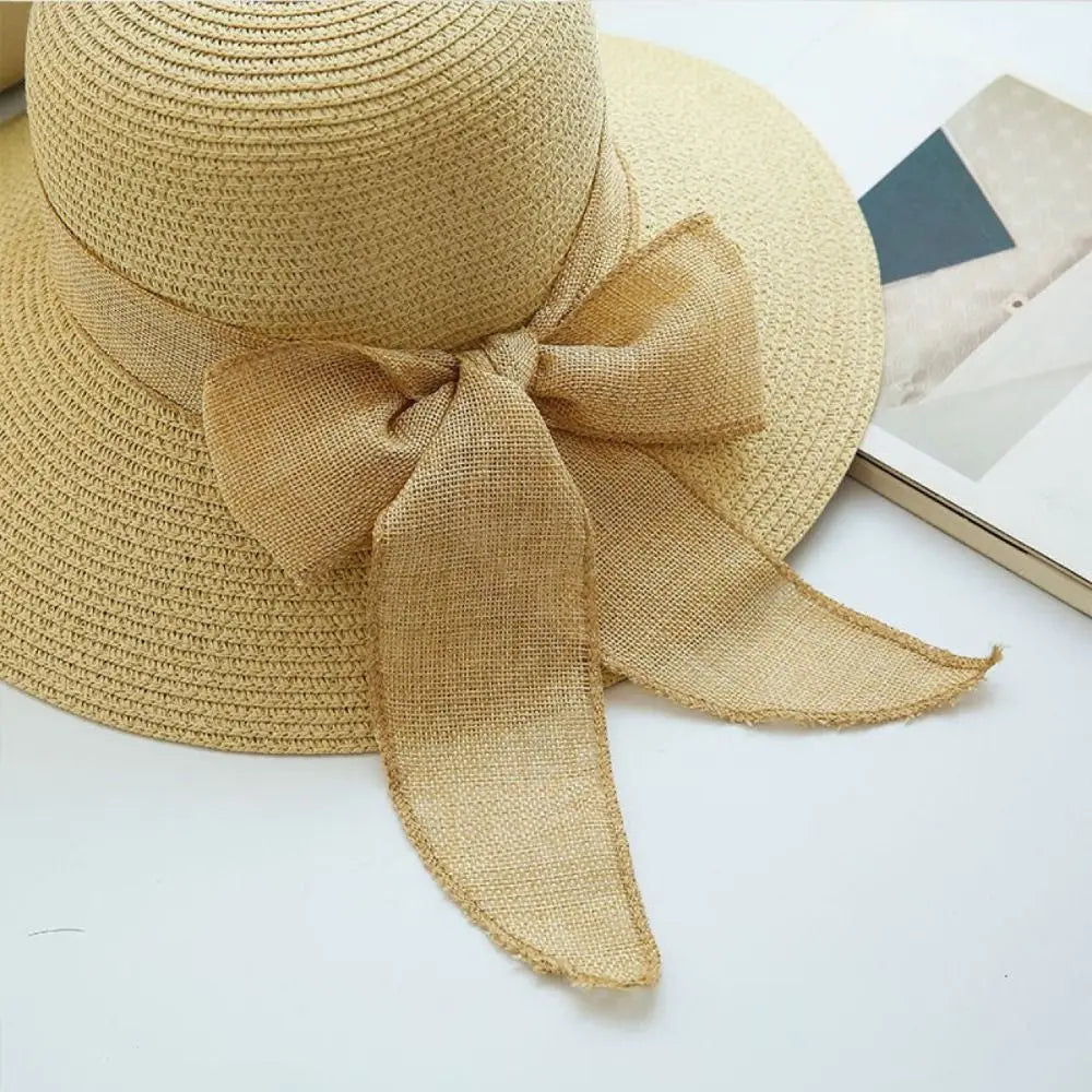 Beaira New Summer Women Sun Hat Casual Fashion Bowtie Fisherman Hat Straw Hat with Bow Ribbon Travel Beach Hat