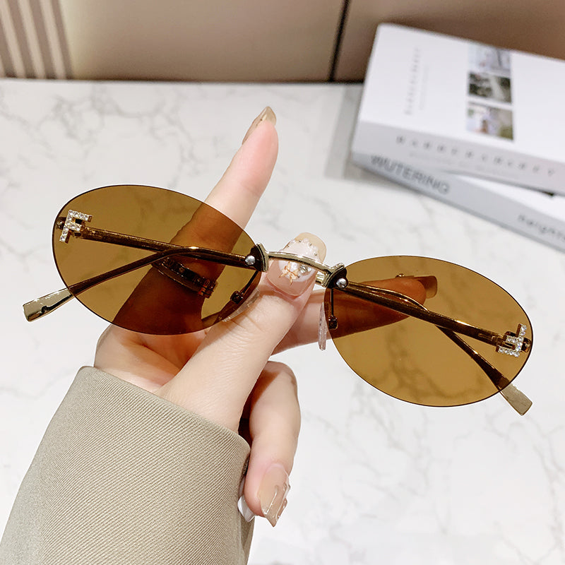 Beaira Motorcycle Rectangle Fashion Elegant Oval Sunglasses Male Letter "F" Rimless Sunglasses Female Travel Driving Goggles Unisex