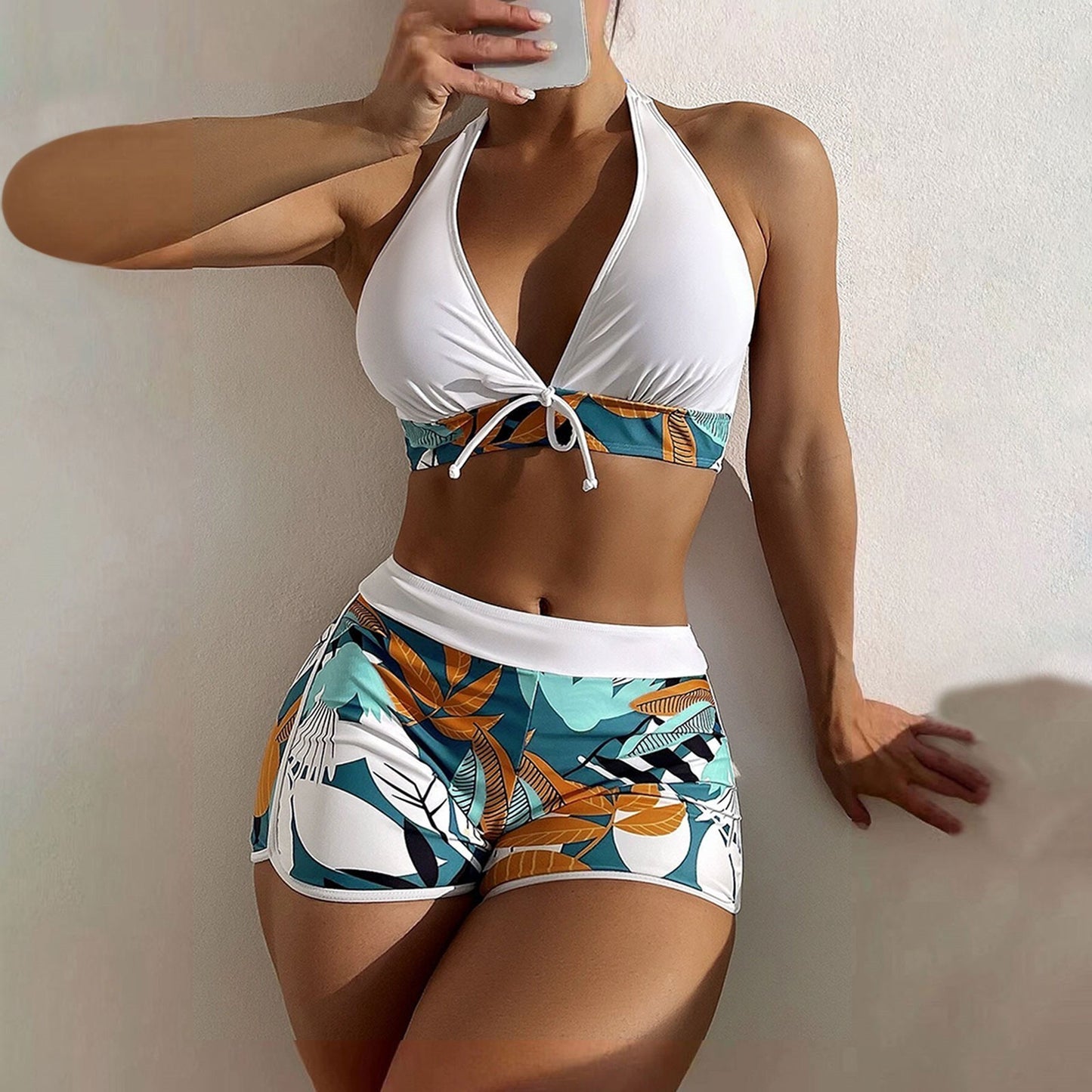Beaira Shorts Bikinis Set High Waist Swimsuit Women Swimwear 2 Pieces Plant Print Bathers Bathing Swim Suit Beachwear