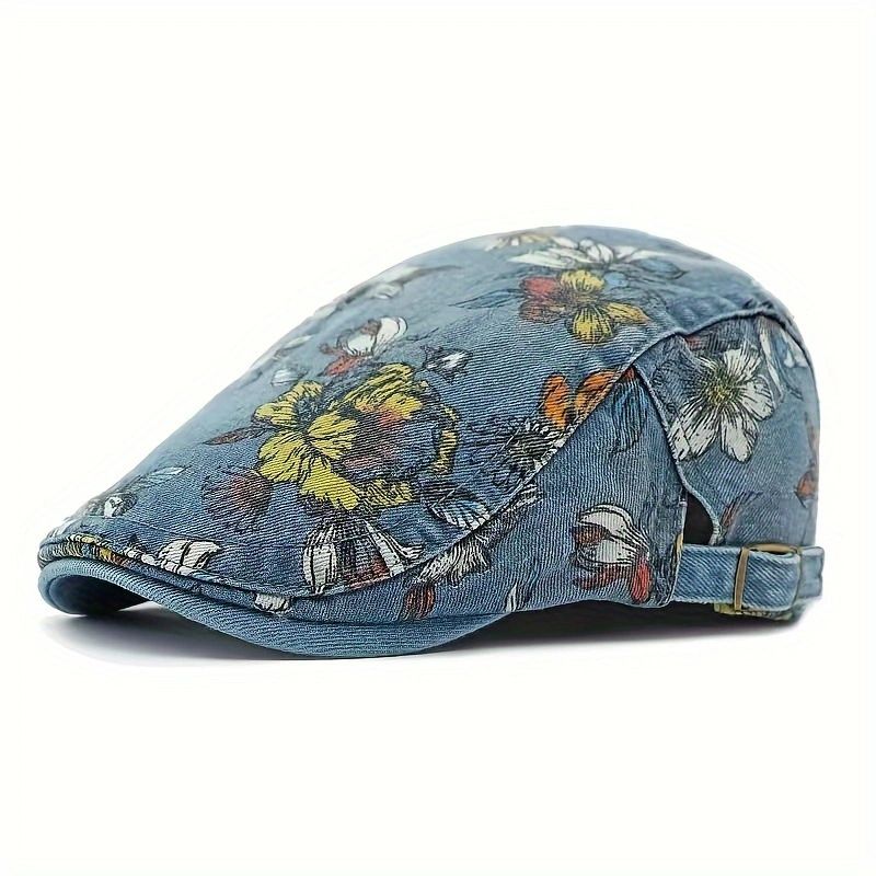 Beaira Ethnic Style Hat for Women Korean Style Fashion Washed Denim Beret British Retro Flower Peaked Cap Forward Hat for Men