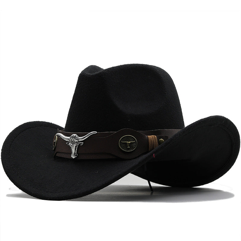 Beaira Western Cowboy Hat 4 Sizes Black Woolen Jazz Top Hat Men Ethnic Style Cow Head Ribbon Felt Cap Women Children Riding Fedora Hat
