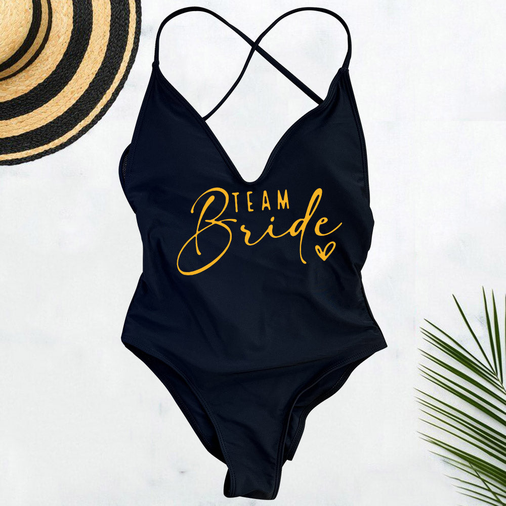 Beaira Pink Gold Print One Piece Swimsuit Team Bride Love Sexy Bathing Suit Padded Swimwear Women Bikini Bachelor Party Swim Beachwear