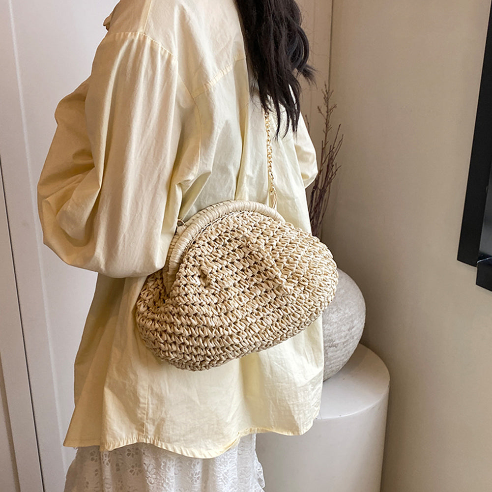 Beaira Women Straw Woven Bag Chain Strap Straw Clutch Purse Large Capacity Stylish Crossbody Bag Solid Color for Summer Beach
