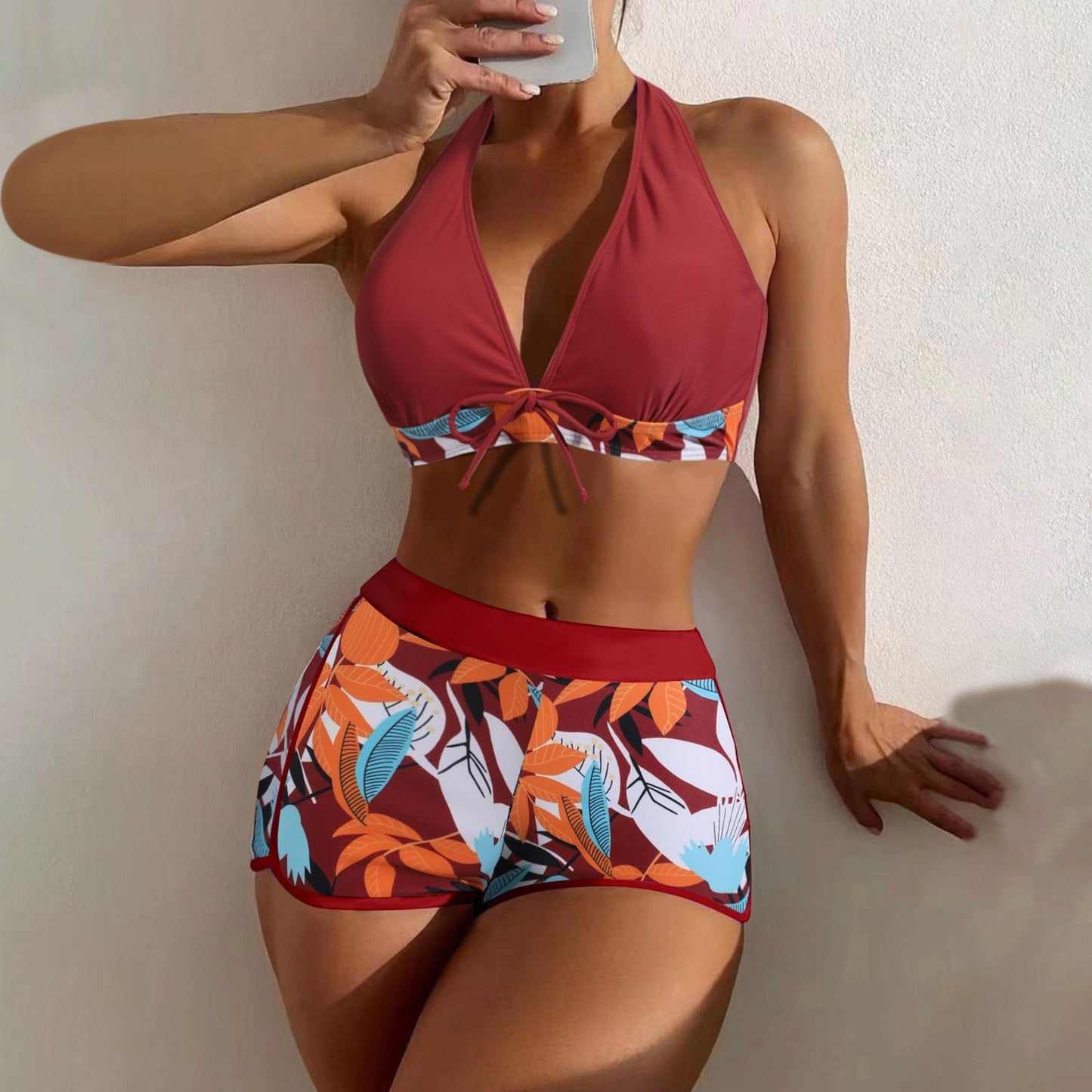 Beaira Shorts Bikinis Set High Waist Swimsuit Women Swimwear 2 Pieces Plant Print Bathers Bathing Swim Suit Beachwear