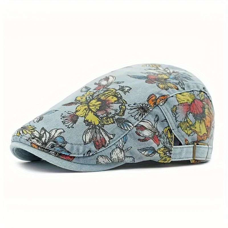 Beaira Ethnic Style Hat for Women Korean Style Fashion Washed Denim Beret British Retro Flower Peaked Cap Forward Hat for Men