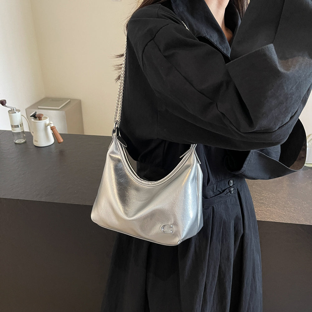 Beaira Women PU Casual Tote Handbag Large Capacity Chain Sling Bag Zipper Closure Elegant Underarm Bag Multi-pockets Simple Satchel Bag
