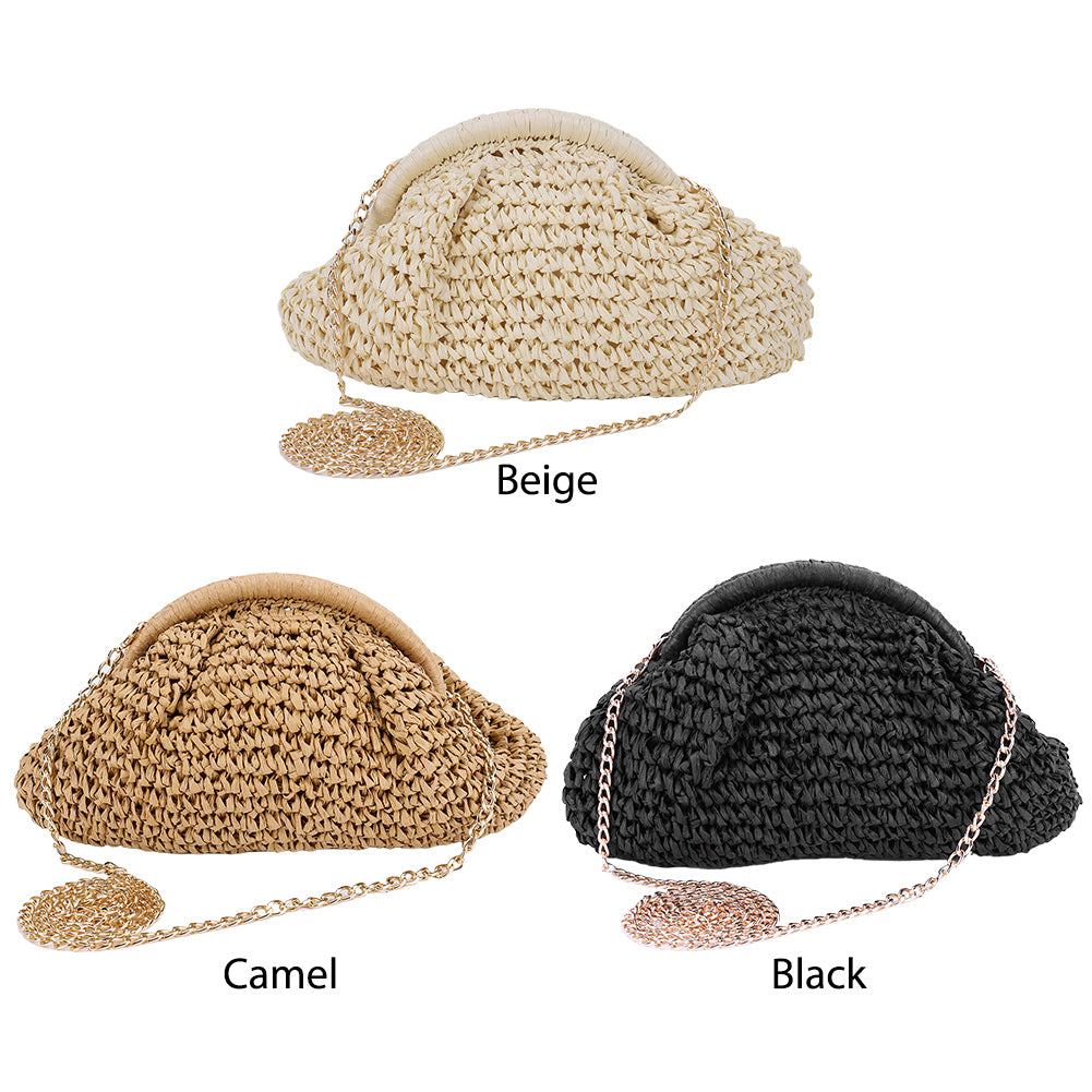 Beaira Women Straw Woven Bag Chain Strap Straw Clutch Purse Large Capacity Stylish Crossbody Bag Solid Color for Summer Beach