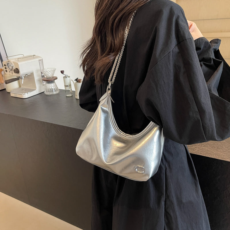 Beaira Women PU Casual Tote Handbag Large Capacity Chain Sling Bag Zipper Closure Elegant Underarm Bag Multi-pockets Simple Satchel Bag