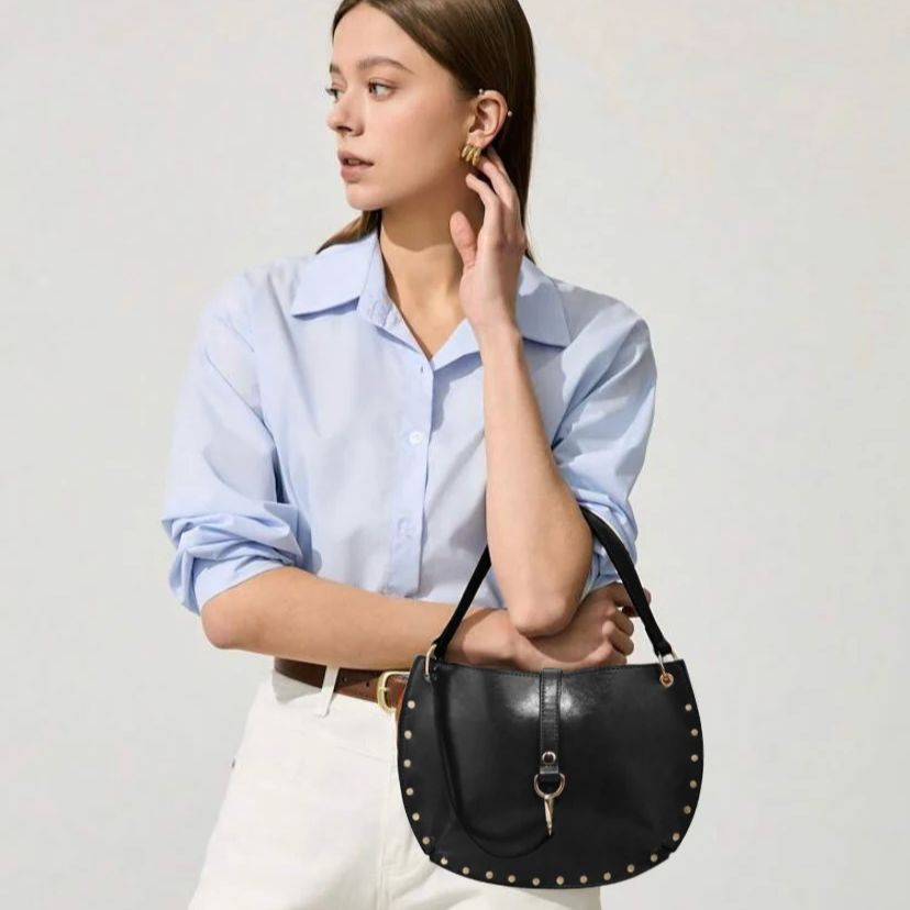 Beaira Women's Studded Crescent Saddle Bag, Versatile For Shoulder & Crossbody Wear, Punk Style, Fashion Design Suitable For Daily Use