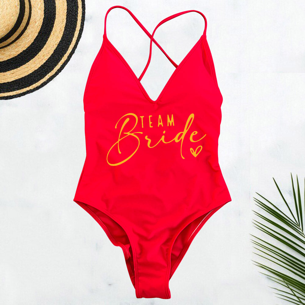 Beaira Pink Gold Print One Piece Swimsuit Team Bride Love Sexy Bathing Suit Padded Swimwear Women Bikini Bachelor Party Swim Beachwear
