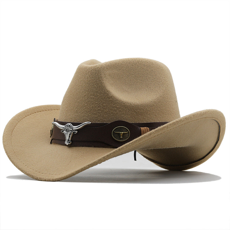 Beaira Western Cowboy Hat 4 Sizes Black Woolen Jazz Top Hat Men Ethnic Style Cow Head Ribbon Felt Cap Women Children Riding Fedora Hat