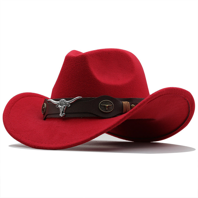 Beaira Western Cowboy Hat 4 Sizes Black Woolen Jazz Top Hat Men Ethnic Style Cow Head Ribbon Felt Cap Women Children Riding Fedora Hat