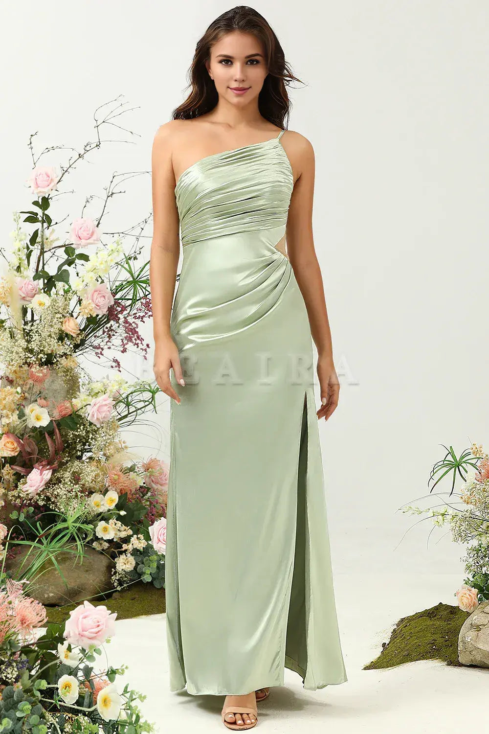 Beaira Sage A Line One Shoulder Bright Satin Bridesmaid Dress with Slit Bridesmaid dress shop