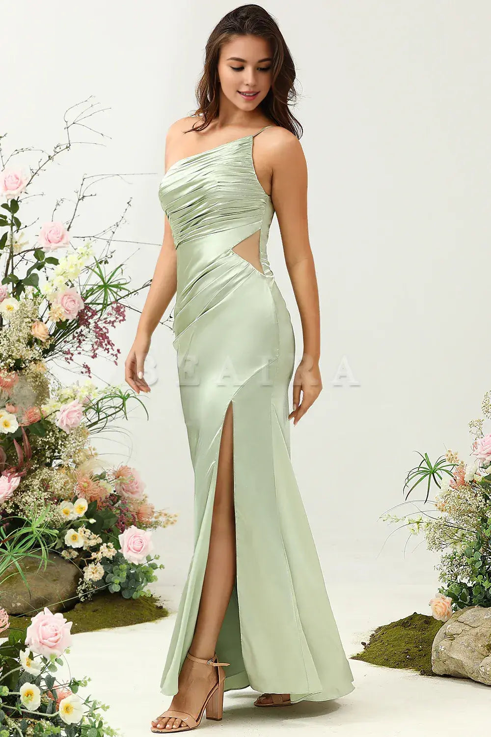 Beaira Sage A Line One Shoulder Bright Satin Bridesmaid Dress with Slit Bridesmaid dress shop