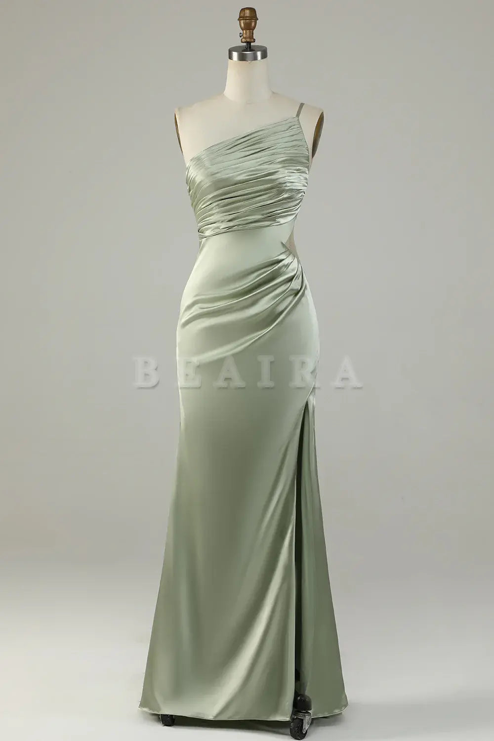 Beaira Sage A Line One Shoulder Bright Satin Bridesmaid Dress with Slit Bridesmaid dress shop