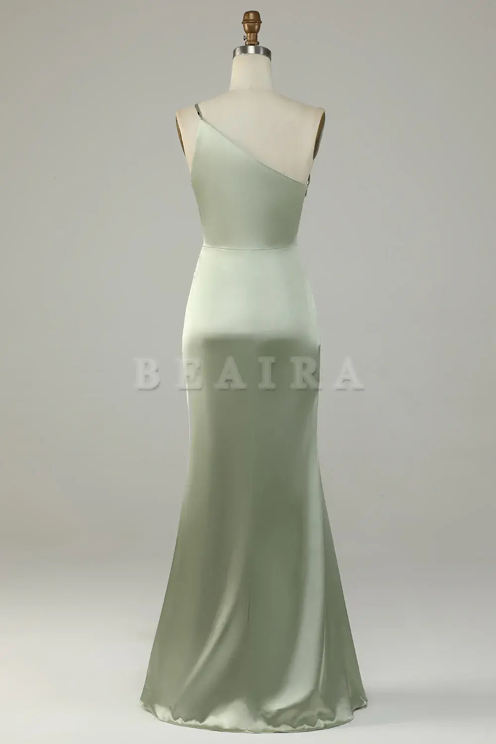 Beaira Sage A Line One Shoulder Bright Satin Bridesmaid Dress with Slit Bridesmaid dress shop